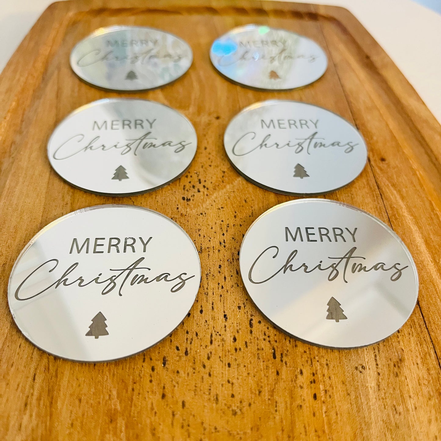 Acrylic Silver disc Merry Christmas cupcake toppers x 6