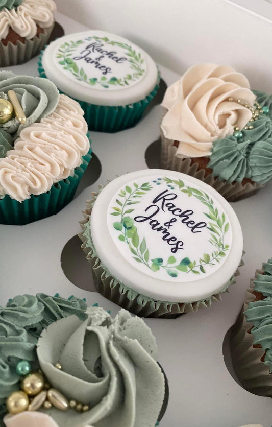 Edible personalised cupcake toppers, Pretty Greenery floral design